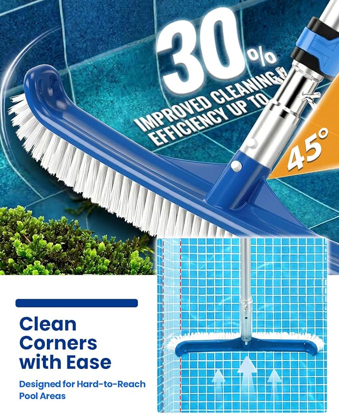 Pool Brush with Pole, 4-16 ft Telescopic Pool Pole, Heavy Duty Aluminum Pool Cleaning Brush Head, Pool Scrubber for Walls, Tiles & Floors, Fits Skimmer Net & Pool Accessories