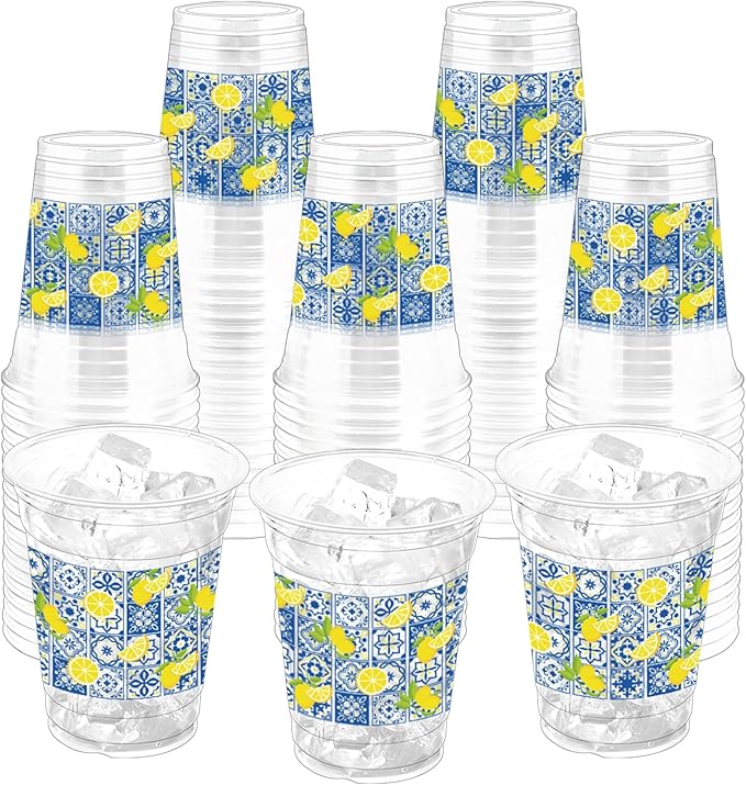 100Pcs Lemon Plastic Party Cups, 12oz Chinoiserie Lemon Disposable Clear Cups for Summer, Weddding, Baby Shower Parties, Holiday Gatherings, Birthday Party Drinking Cup