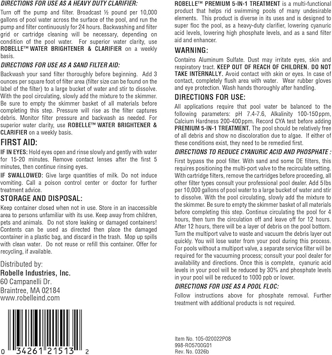 Robelle 5-Pounds Premium 5-in-1 Pool Water Treatment, Cyanuric Acid Reducer, Phosphate Remover, Made in USA