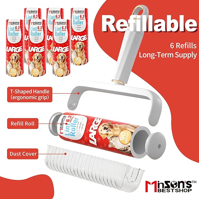 Minson’s BestShop Extra Sticky Lint Roller, 6.3” Extra Wide, 720 Sheets for Pet Hair Removal, The Ultimate Duo Supply Pack with 2 Ready to Use Handles & 6 Refills, Dog and Cat Lint Remover