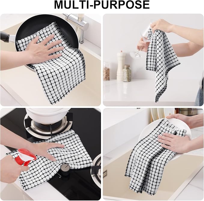 Kitinjoy Cotton 8 Pack Terry Kitchen Towels, 16 x 25 Inches Super Soft and Absorbent Dish Towels, Quick Drying Hand Towels for Kitchen Drying, Black