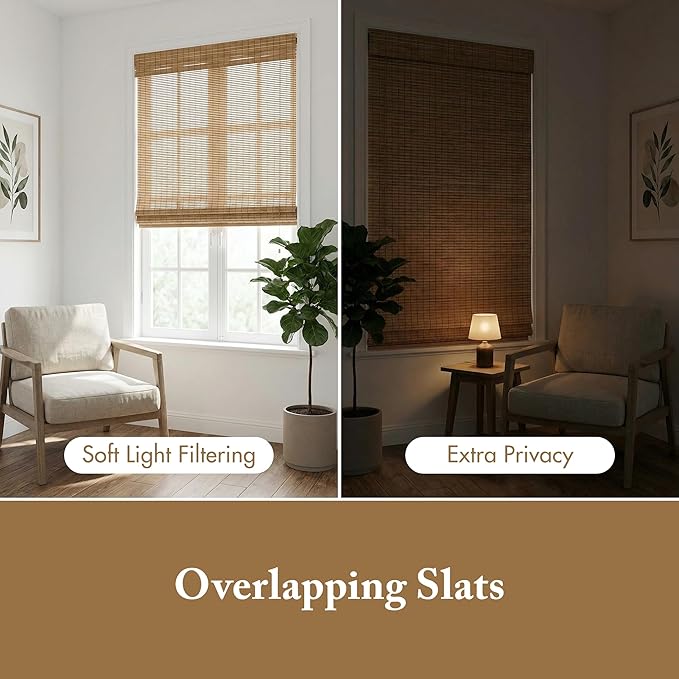 Madison Park Eastfield 100% Bamboo Cordless Roman Shades-Woven Wooden Privacy Panel, Light Filtering Easy Installation Window Blind Treatment, Bedroom, Living Room Decor, 35" W x 64" L, Neutral