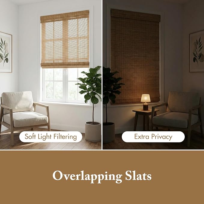 Madison Park Eastfield 100% Bamboo Cordless Roman Shades-Woven Wooden Privacy Panel, Light Filtering Easy Installation Window Blind Treatment, Bedroom, Living Room Decor, 31" W x 64" L, Neutral