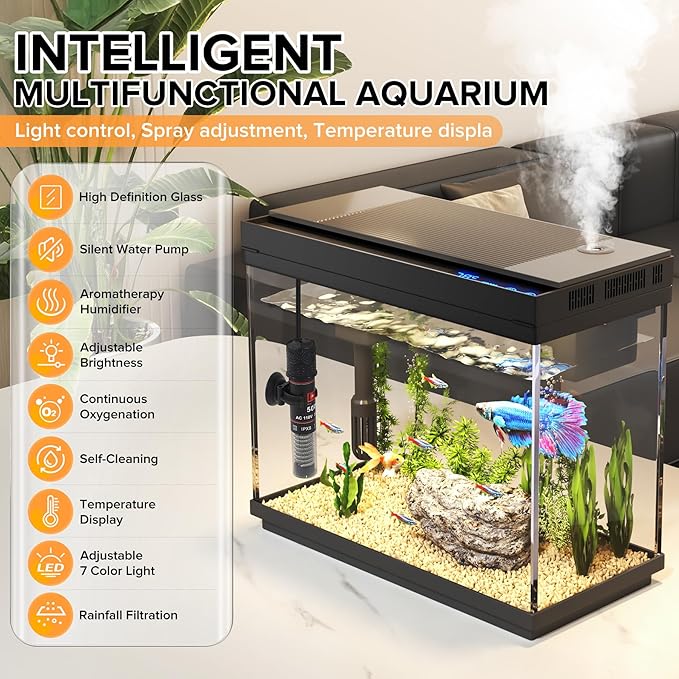 Vehipa Fish Tank, 2.4 Gallon Fish Aquarium, Fish Tank Starter kit with Smart Humidifier, Temperature Display, 7-Color Lighting, 3 in 1 Quiet Pump with Filteration & Oxygenation & Circulation