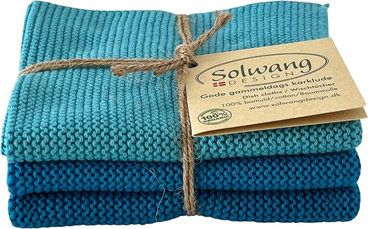Solwang 3-Piece Danish Cotton Dishcloths in 100% Certified Organic Cotton Made in India (Ocean Blue Organic Combi)