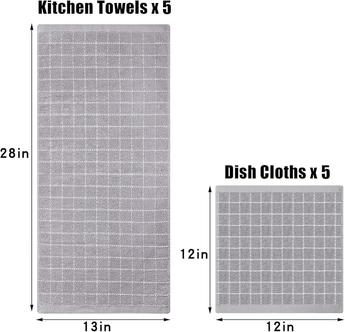 Homaxy Kitchen Towels and Dishcloths Set, 12 x 12 and 13 x 28 Inches, Set of 10 Bulk Cotton Terry Kitchen Towels Set, Checkered Designed, Soft and Super Absorbent Dish Towels, Light Grey