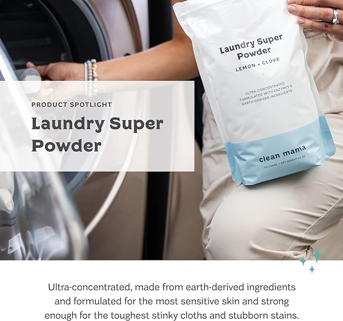 Clean Mama Laundry Super Powder Detergent - Extra Strength Laundry Detergent Powder - Natural Laundry Detergent for Sensitive Skin - Enzyme Powered, Fights Stains & Odors - Sweet Mint, 60 Loads, 2Pack