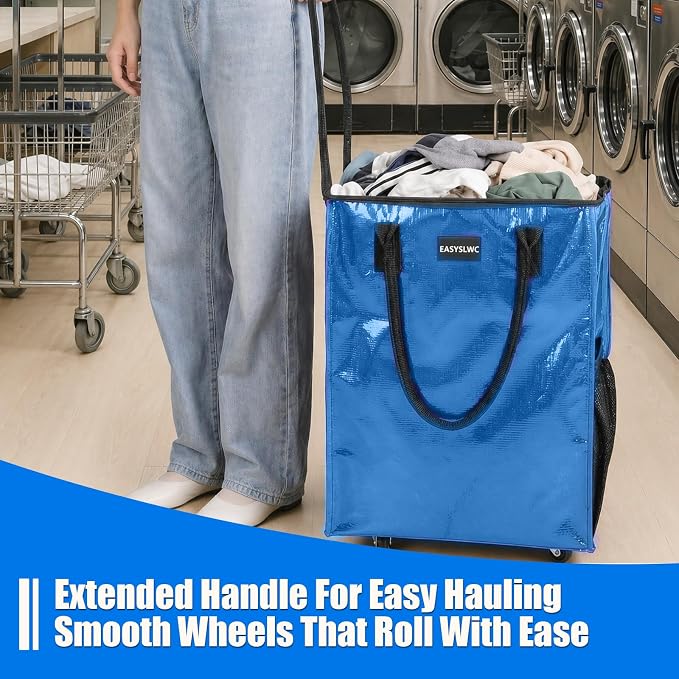 Reusable Hauler Rolling Tote Bag, Collapsible Portable Shopping Bag with Wheels for Groceries, Apartments Laundry, Organization,Heavy Duty Utility Tote Bag for Travel Moving, 75lbs, Blue
