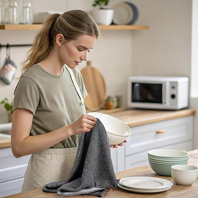 Mordimy Premium Kitchen Towels 12 Pack (18 x 28 Inches, Black), Large Cotton Kitchen Hand Towel, Flat & Terry Dish Towels for Drying Dishes, Super Absorbent Tea Dishtowels Set with Hanging Loop