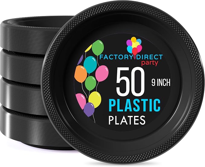 Exquisite Party Solids Black Plastic Plates For Party 9" Black Disposable Plates 50 Pcs Plastic Dinnerware Sets Heavy Duty 350 GSM Disposable Dinnerware Set