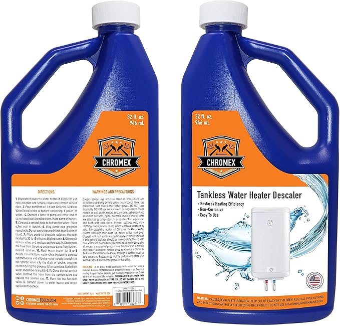Chromex Tankless Water Heater Descaling Solution | Highly Effective Descaler Restores Heating Efficiency, Quart, 32 fl oz (1)