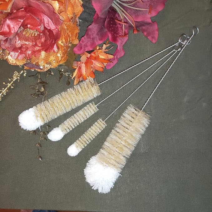 NewFerU Stainless Steel Soda Bottle Cleaning Brush Set in Natural Boar Bristle Wool Tip Long Handle, Flexible Bendable Thick Wire Cleaner for Narrow Neck Water Baby Bottles Straw Pipe Tube Flask (4)