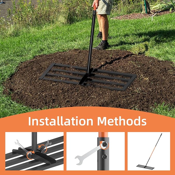 30" x 10" Leveling Rake for Backyard Leveling Kit, 6.5FT Heavy Duty Lawn Leveling Tool for Uneven Grass & Soil, Stainless Steel Yard Leveling Rake for Seeding, Includes Bonus Gloves & 2 Hooks, Black