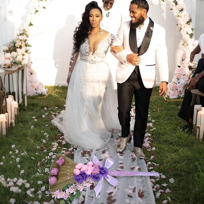 Wedding Brooms for Jumping Ceremony - TrinhGuo Purple Wedding Broom with Ribbons Pearls Artificial Flowers Leaves Mesh Embroidery, DIY Marriage Jumping Ceremony Set for African American