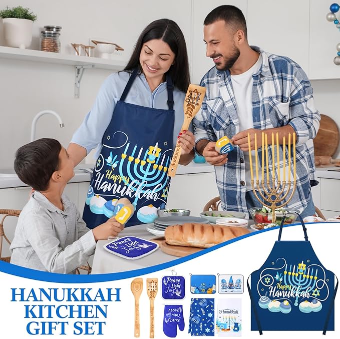 9 Pcs Hanukkah Kitchen Gift Include 1 Hanukkah Apron 2 Kitchen Towels 2 Wooden Spoons 1 Oven Mitts 1 Pot Holders 2 Dish Drying Mat Hanukkah Gifts for Home Decoration Chanukah Gift