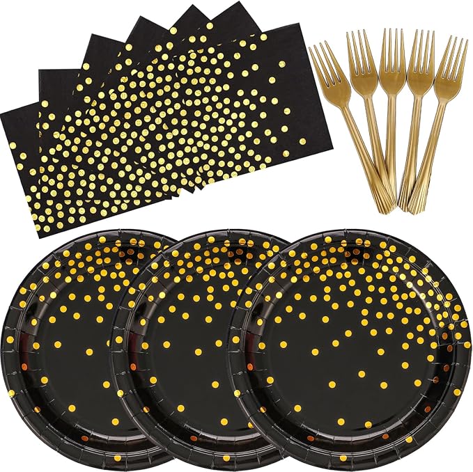 150 PCS Black and Gold Paper Plates Napkins Forks Party Supplies Serves 50, Golden Dot Disposable Paper Dinnerware 9" Plates for Birthday, New Years Eve, Graduation, Retirement Party