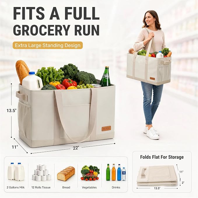 WONDAY Extra Large Utility Tote Bag - Standing Reusable Grocery Bag with Handle, Collapsible Storage for Shopping, Beach