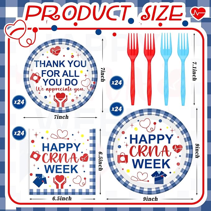 Remerry 96 Pcs Happy CRNA Week Party Supplies Nurse Anesthetist Appreciation Plates and Napkins Set Decoration Thank You Staff Disposable Plates for CRNA Week Party Supplies