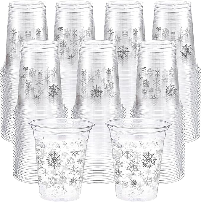 Jingmore 100 Pcs Winter Snowflake Plastic Cups 12 oz Snowflake Disposable Clear Plastic Drinking Cups Bulk for Xmas Winter Holiday Wonderland Party Decorations Supplies(Silver)