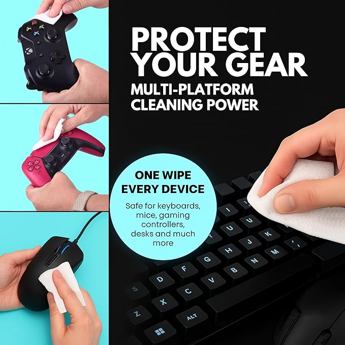 Gaming Peripheral Wipes, Keyboard Cleaner & Electronic Wipes, Safe for Controllers, Keyboards, Laptops, PCs & Mice – Alcohol-Free, Unscented, Paraben-Free, Cleaning Wipes - 50 Pack