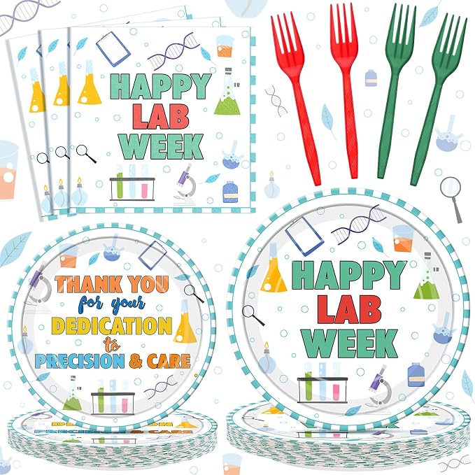 Remerry 96 Pcs Happy Lab Week Party Supplies Medical Laboratory Professionals Appreciation Plates and Napkins Set Decoration Thank You Laboratory Staff Disposable Plates for Lab Week Party Supplies