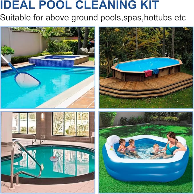 POOLAZA Pool Cleaning Kit Above Ground & Inground Pools, Include Sturdy Pool Brush Head, Ultra Fine Mesh Pool Skimmer Net, 57.5'' Thickened Aluminum Pool Pole & Durable Pool Floater
