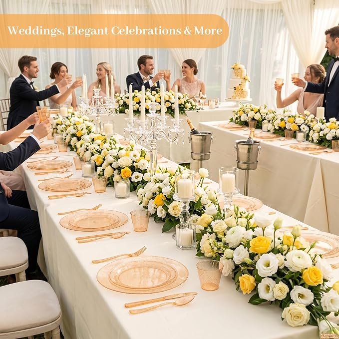 DaYammi 350PCS Orange Glitter Plastic Dinnerware Set for 50 Guests, Fancy Disposable Plates for Party, Include: 50 Dinner Plates, 50 Dessert Plates, 50 Pre Rolled Napkins with Silverware, 50 Cups
