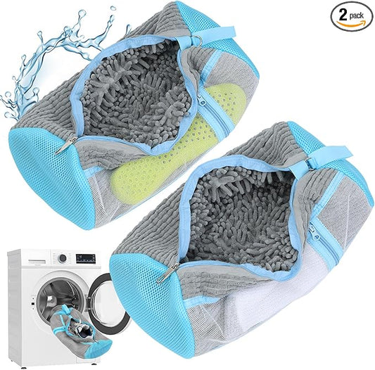 Shoe Washing Machine Bag, 2 Pack Shoe Cleaning Bag for Washer and Dryer, 360° Deep Cleaning Reusable Shoes Laundry Bags for Sneakers with Zipper Protection and Side Mesh Pouch, Gray