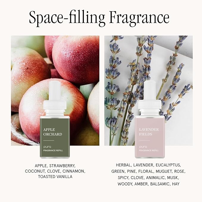 Pura Smart Home Fragrance Device Starter Set - Pura 4 - Scent Diffuser for Home - Includes Fragrance Aroma Diffuser - Square Box, Apple Orchards and Lavender Fields Scent Refills
