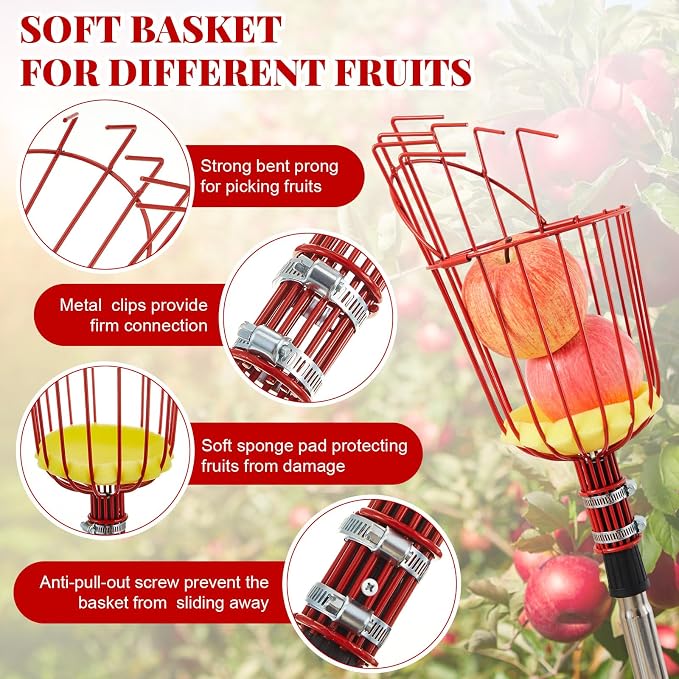 Colingmill 19.5ft Fruit Picker Pole with Basket, Telescoping Fruit Picking Tool with Soft Cushion, Extendable Harvester for High Trees, No Ladder Needed for Apple, Cherry, Orange, Citrus, Peach