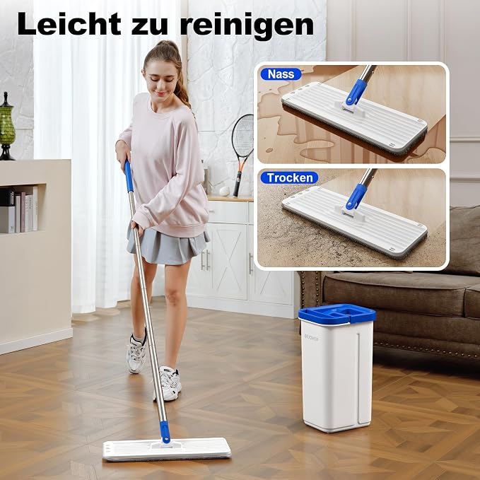 Mop and Bucket Set, 60" Long Handle Mops for Floor Cleaning, Squeeze Flat Mop and Bucket System, Dry & Wet Dust Mops for Household Floor Cleaning with 3 Microfiber Mops, Slate Blue