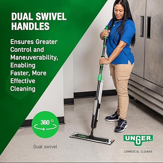 Unger Commercial Excella 18" Starter Cleaning Kit - Straight Floor Mop with Height Adjustable Pole and Refillable Dispensing Bottle - EFHC2