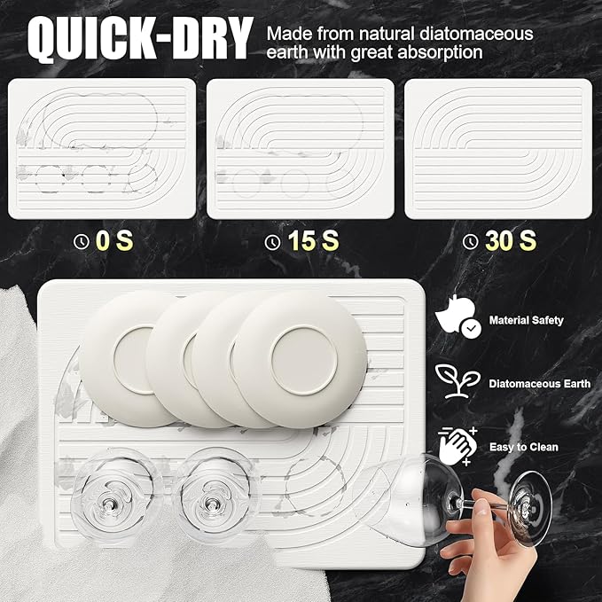 Stone Dish Drying Mat for Kitchen Counter Diatomaceous Earth Drying Mat, 15.8"x11.8" Super Absorbent Drying Stone, Quick Dry, Heat Resistant, Odorless (White)