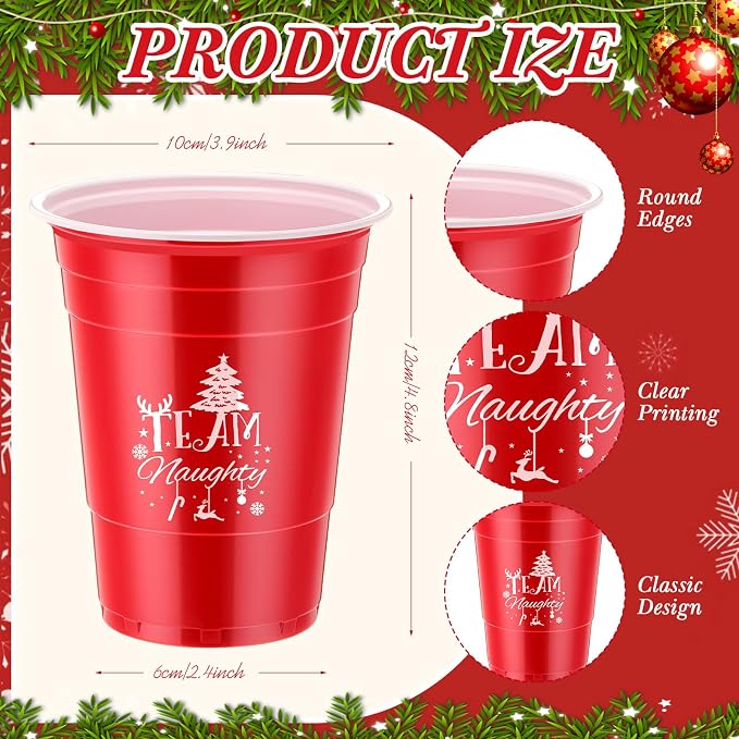 Sliner 30 Pcs 16 oz Christmas Disposable Cups Bulk Plastic Coffee Team Naughty or Nice Plastic Disposable Drinking Cups for Party Drinks Supplies