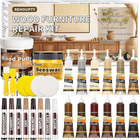 Wood Furniture Repair Kit, All-in-One Laminate Floor Repair Kit - Wood Putty, 12 Colors Wood Filler & 8 Colors Furniture Markers and Beeswax, Wood Repair for Scratch Cracks Hole Discoloration