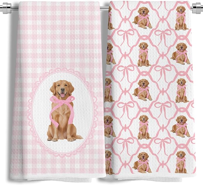 Coquette Pink Bow Golden Retriever Gifts Kitchen Hand Towels for Bathroom，Coquette Pink Golden Retriever Girly Bathroom Kitchen Decor,16x24 Inch Set of 2