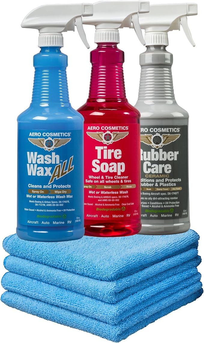 Tire Soap Degreaser, Rubber Care Tire Dressing, Wash Wax ALL 32oz and Microfiber Towels 4 Pack