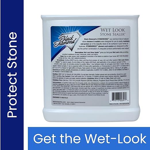 Wet Look Natural Stone Sealer. Durable, Long-Lasting Gloss Protection. Interior and Exterior Pavers, Slate, Sandstone, Travertine, Flagstone, Driveways, Garage Floors, etc. Black Diamond Stoneworks.