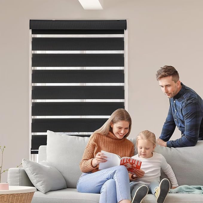 MYshade Cordless Roller Shades Zebra Blinds Day and Night Light Filtering Dual Layer 44" x 72" Black