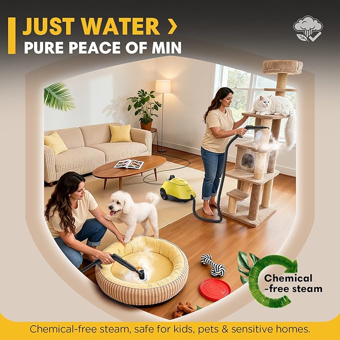 Heavy Duty Steam Cleaner, 1500W High-Temperature Mop with 26 Accessories, 1.4L Portable Tank, Chemical-Free Cleaning for Floors, Tiles, Cars & More, Child Lock for Safety, Easy Operation（Yellow)