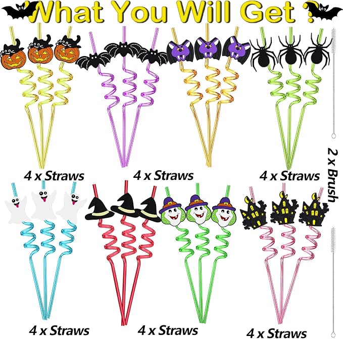 24pcs Halloween Party Favors Bat Pumpkin Ghost Cat Witch Spider Ghost Pattern Reusable Straws Party Gift Halloween Party Supplies with 2 Cleaning Brushes 8 Color.
