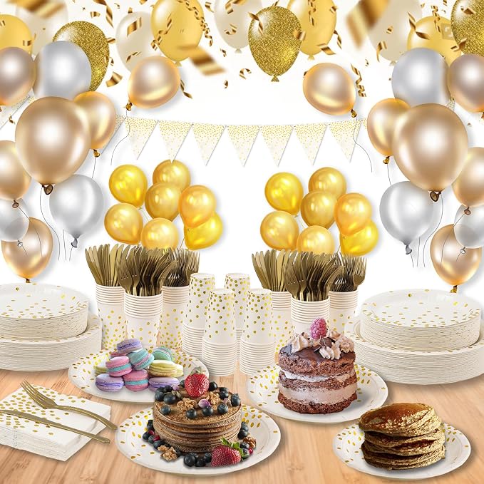 White and Gold Party Supplies 145PCS Disposable Party Dinnerware Paper Plates, Napkins, Knives, Forks, Cups, Banner, for New Year Eve 2026, Bridal Shower, Wedding, Birthday, Serves 24
