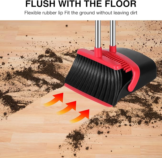 Broom and Dustpan Set, Long Adjustable Handle Broom Dustpan Combo with Dustpan Teeth to Automatically Clean Hair+Multifunction Silicone Broom, Silicone Floor Squeegee Broom for Home Bathroom, Kitchen