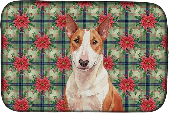 Caroline's Treasures Red and White Bull Terrier Christmas PoinsettIas Dish Drying Mat Absorbent Dish Drying Mat Pad for Kitchen Counter Dish Drainer Mat for Countertop, 14 x 21", Multicolor