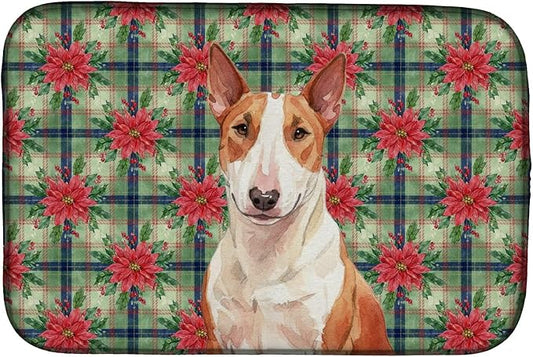 Caroline's Treasures Red and White Bull Terrier Christmas PoinsettIas Dish Drying Mat Absorbent Dish Drying Mat Pad for Kitchen Counter Dish Drainer Mat for Countertop, 14 x 21", Multicolor