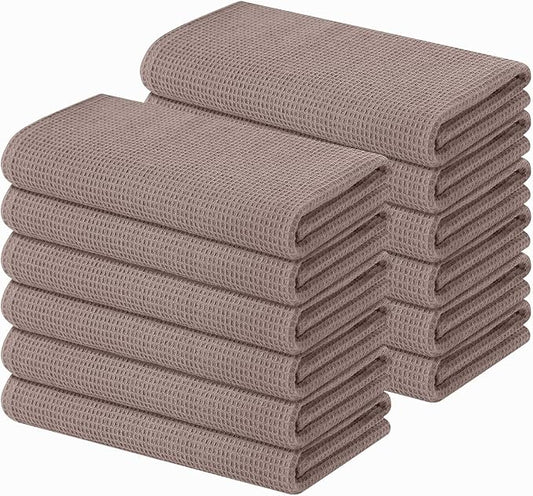 Homaxy 100% Cotton Waffle Weave Kitchen Towels - 12 Pack Soft and Absorbent Dish Towels - 16 x 26 Inches Quick Dry Hand Towels - Brown