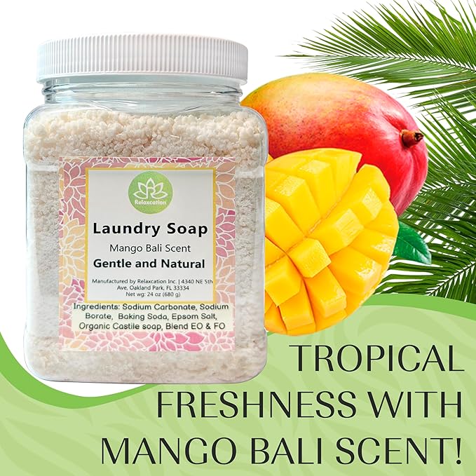 Natural Laundry Detergent Soap | Hypoallergenic Deep Cleaning Washing Powder | Eco-Friendly, Safe, and Effective BORAX, SODA ASH, EPSOM SALT, BAKING SODA and CASTILE SOAP (65 Loads) (Mango Bali)