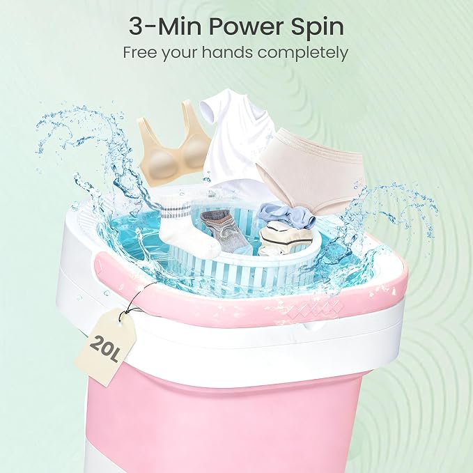 Portable Washing Machine 20L - Mini Washer with Spin Basket, 3 Cleaning Modes & Deep Wash for Small Clothes, Foldable Laundry for Apartment, Home, RV and Travel (Pink)
