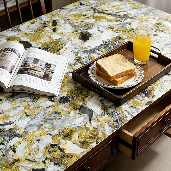 Drawer and Shelf Liner - Yellow Black Marble Pattern,Non Adhesive Non Slip Waterproof Easy-Clean Liner for Kitchen Cabinet, Refrigerator, Bathroom, Pantry Storage Drawers, 17 in x 20 Ft