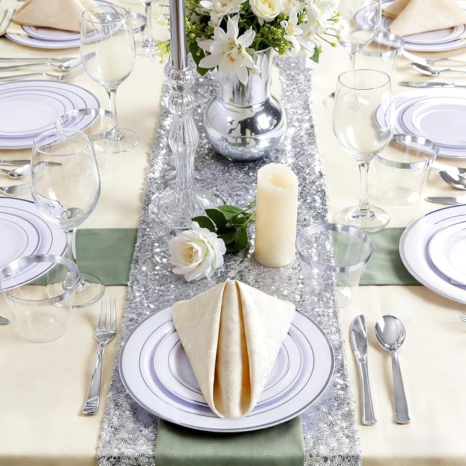 GATHER 175 Pieces Silver Plates - Disposable Silver Plastic Plates Includes 50 Plates, 75 Silverware, 25 Napkins, 25 Silver Rimmed Cups Perfect for Party & Weding